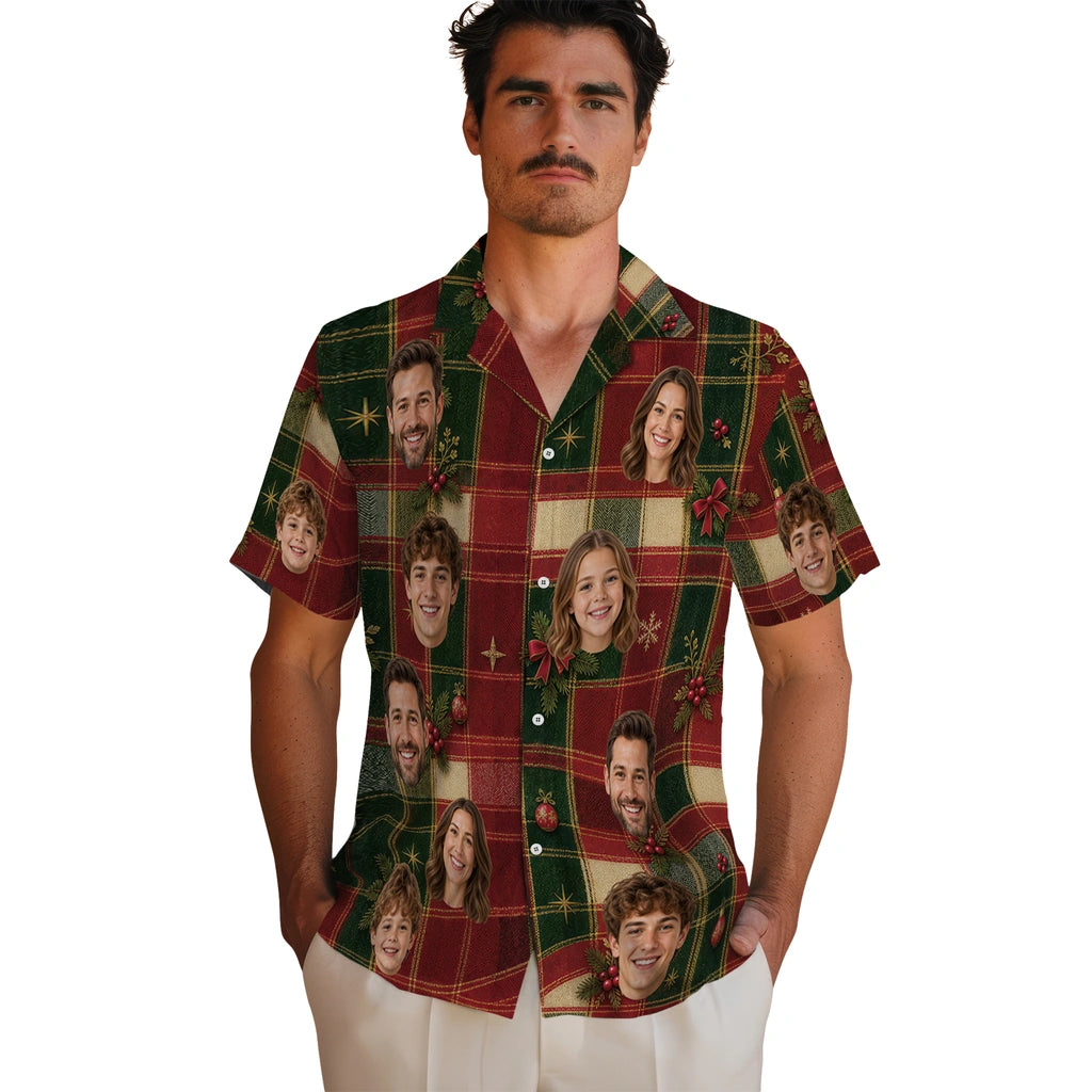 Personalized red and forest green plaid custom christmas hawaiian shirt with face portraits and holly in an alternate mockup