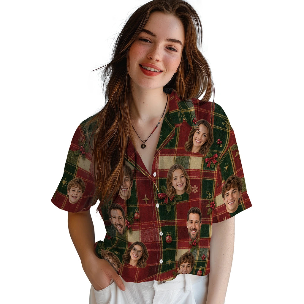 Alternate view of red and forest green plaid custom christmas hawaiian shirt with face portraits and holly