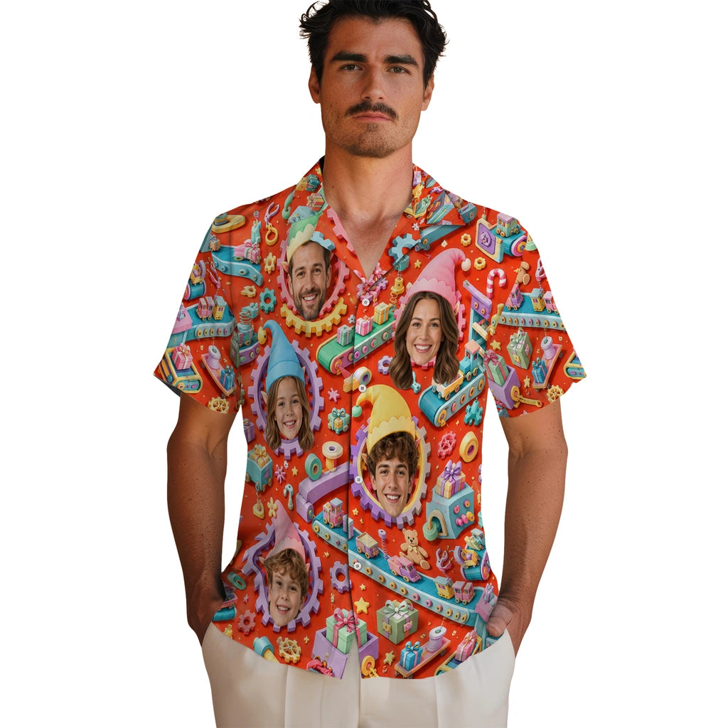 Personalized burnt orange custom christmas hawaiian shirt with face portraits, gears, toys and conveyor belts in an alternate mockup