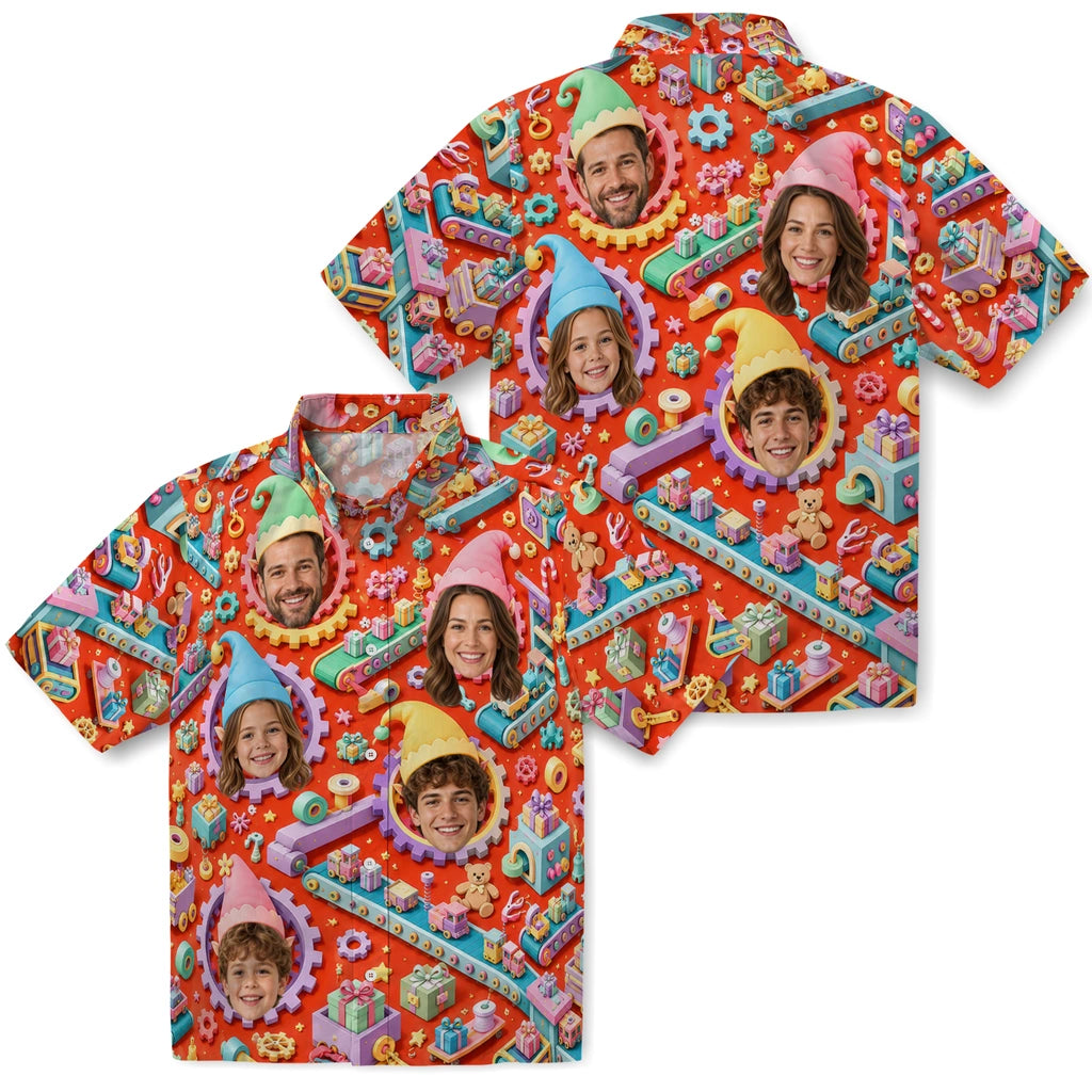 Close-up view of burnt orange custom christmas hawaiian shirt with face portraits, gears, toys and conveyor belts