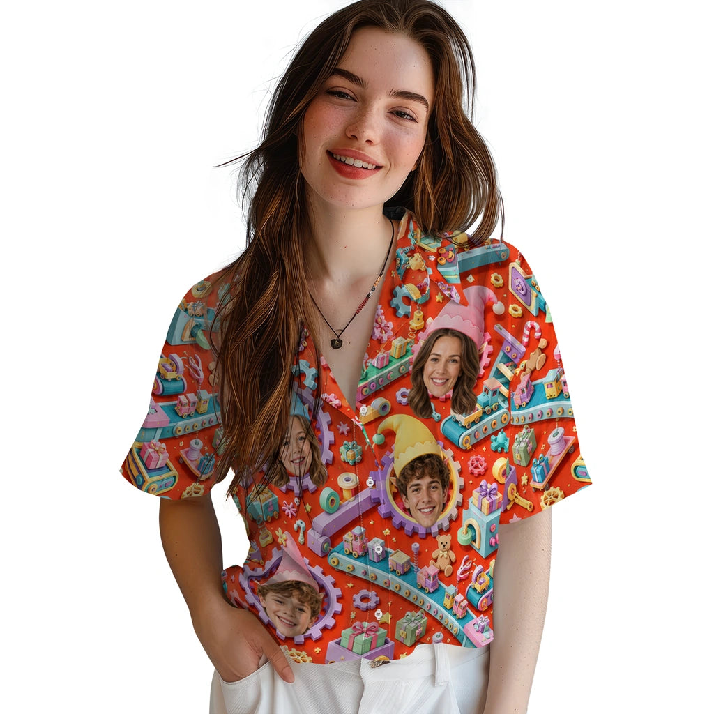 Alternate view of burnt orange custom christmas hawaiian shirt with face portraits, gears, toys and conveyor belts