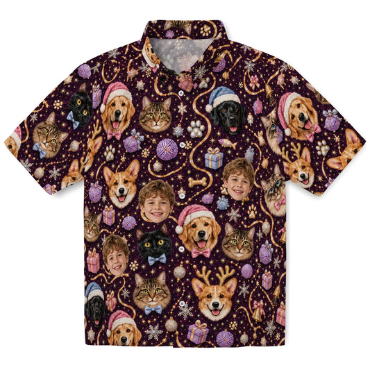 Cute Deep Plum Pet Portraits Custom Hawaiian Shirt front view with festive dogs, cats, ornaments and snowflakes