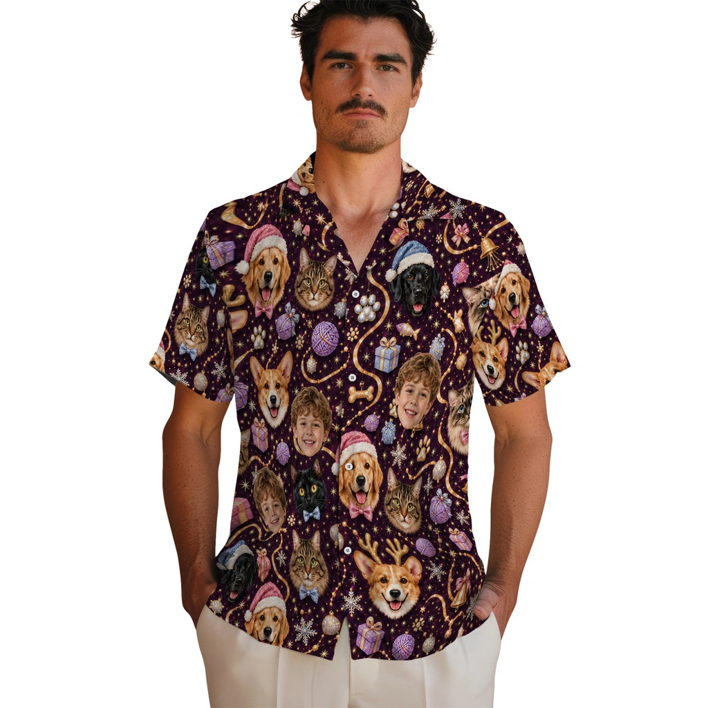 Men’s model wearing Cute Deep Plum Pet Portraits Custom Hawaiian Shirt for Pet Lovers