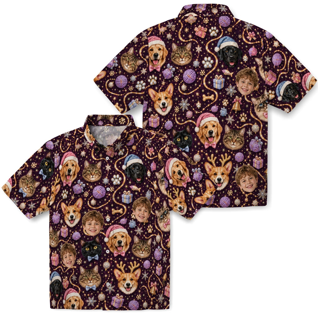 Front and back views of Deep Plum Pet Portrait Christmas Hawaiian Shirt showing the all-over print