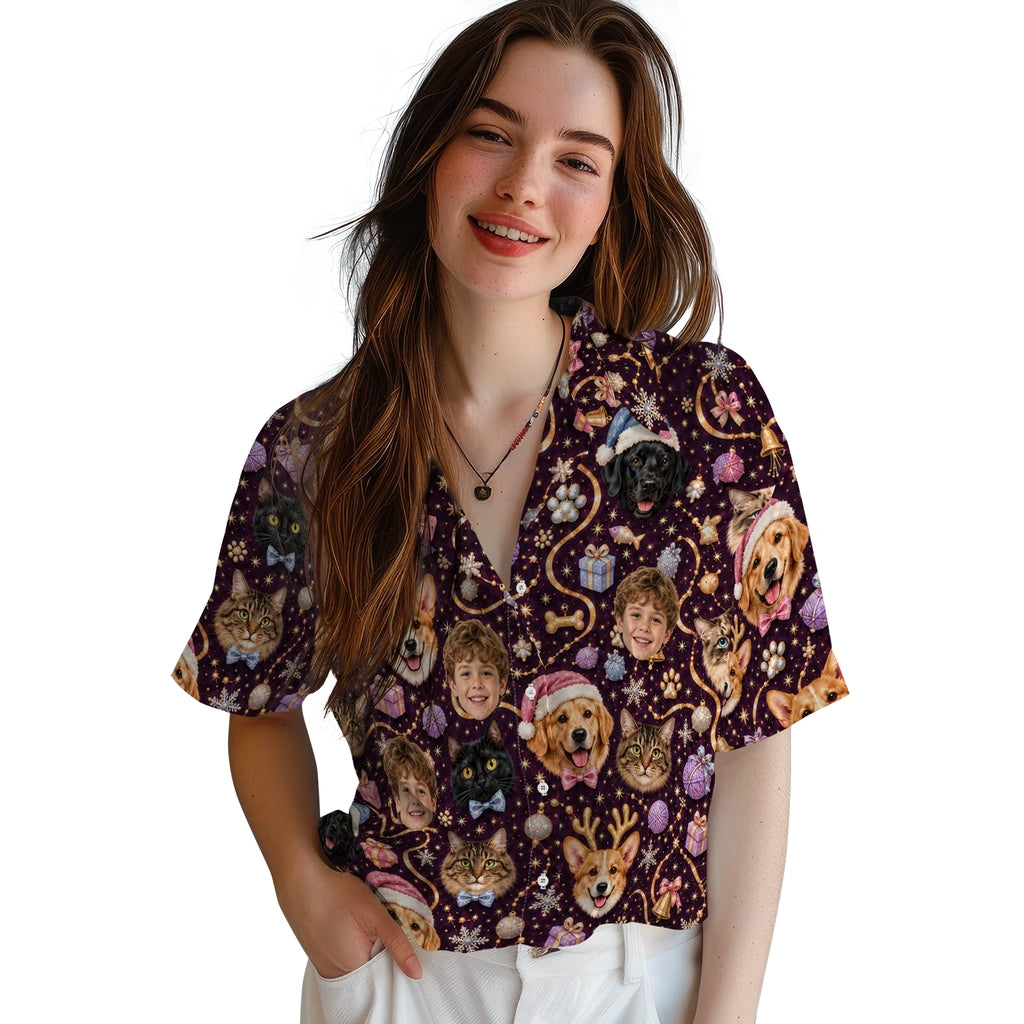 Women’s model wearing Cute Deep Plum Pet Portraits Custom Hawaiian Shirt for Pet Lovers