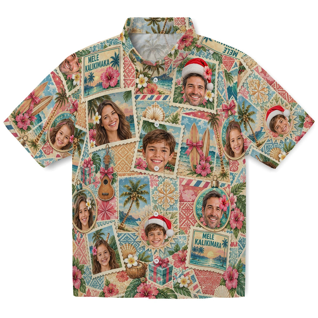 Cream beige custom Mele Kalikimaka Hawaiian shirt with face portraits and vintage tropical stamps