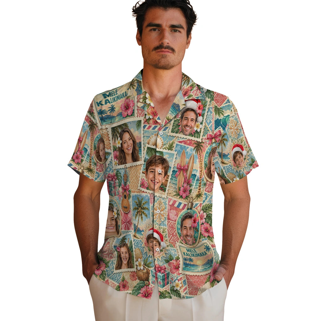 Personalized cream beige custom mele kalikimaka hawaiian shirt with face portraits and vintage tropical stamps in an alternate mockup