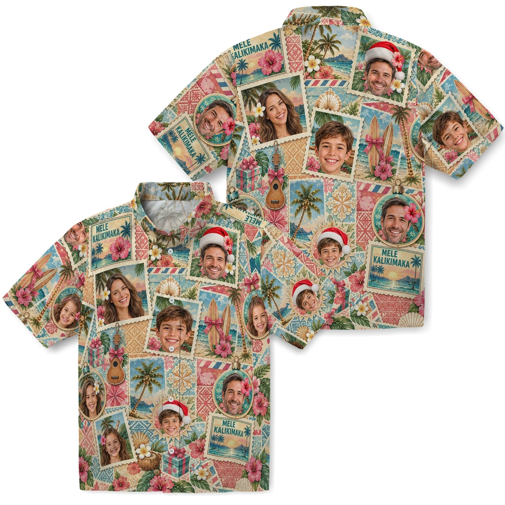 Close-up view of cream beige custom mele kalikimaka hawaiian shirt with face portraits and vintage tropical stamps