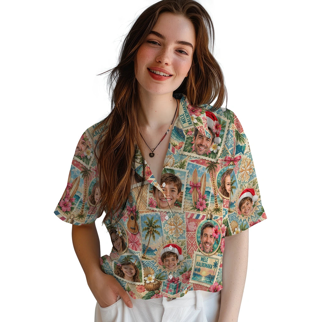 Alternate view of cream beige custom mele kalikimaka hawaiian shirt with face portraits and vintage tropical stamps