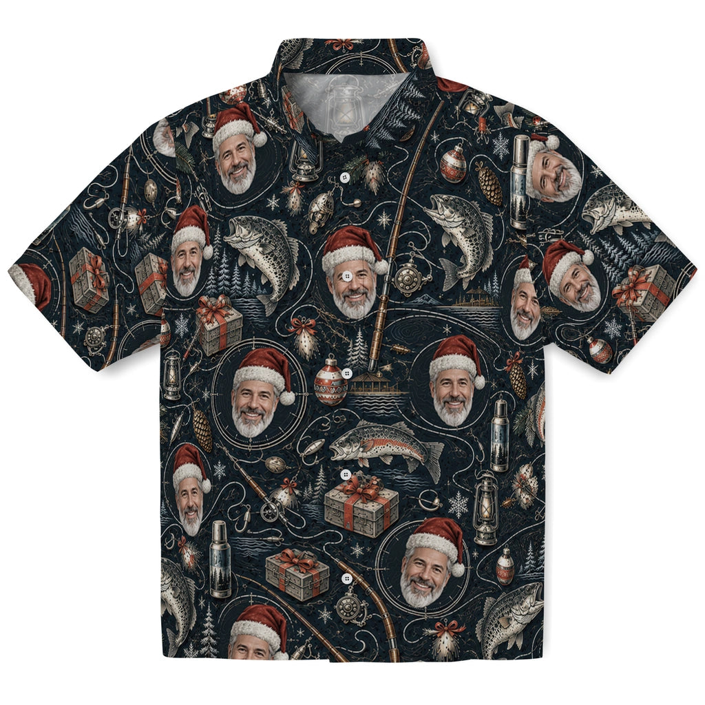 Black custom fishing Christmas Hawaiian shirt with face portraits, trout, rods and lanterns