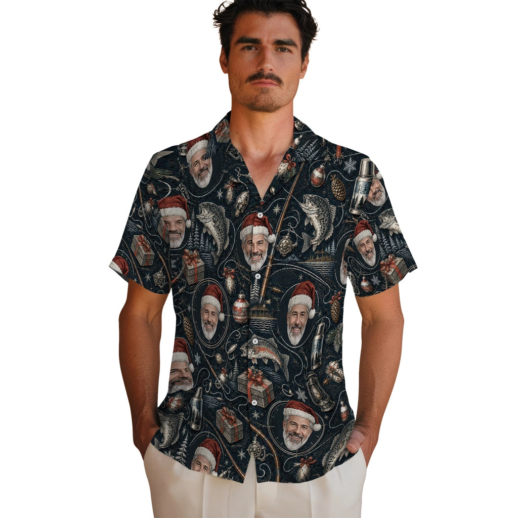 Personalized black custom fishing christmas hawaiian shirt with face portraits, trout, rods and lanterns in an alternate mockup