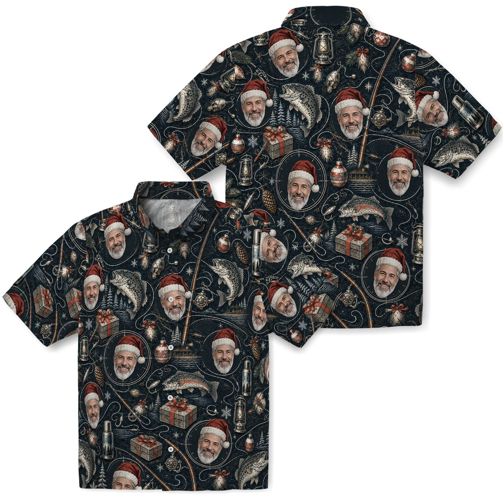 Close-up view of black custom fishing christmas hawaiian shirt with face portraits, trout, rods and lanterns