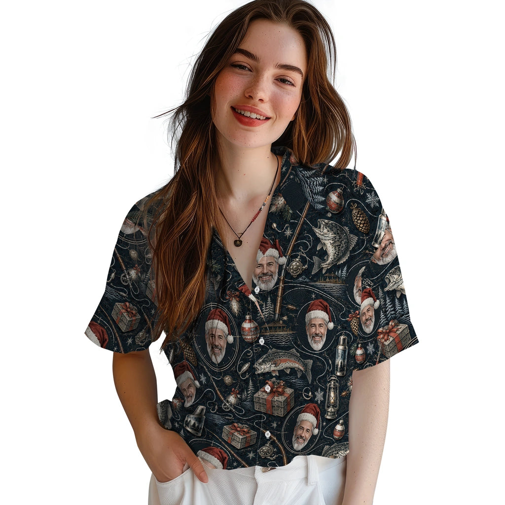 Alternate view of black custom fishing christmas hawaiian shirt with face portraits, trout, rods and lanterns