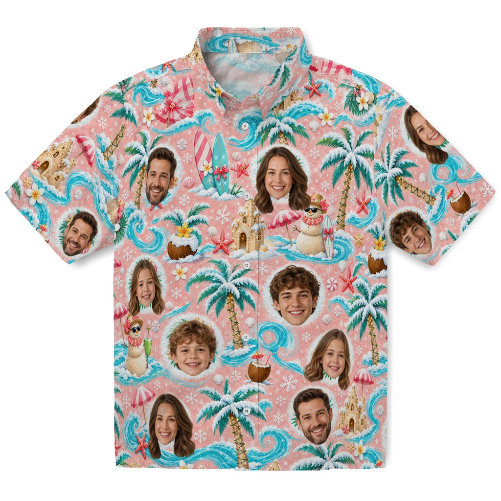 Blush pink custom tropical Christmas Hawaiian shirt with face portraits, frosted palms and waves