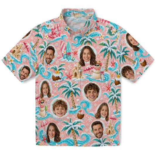 Blush pink custom tropical Christmas Hawaiian shirt with face portraits, frosted palms and waves