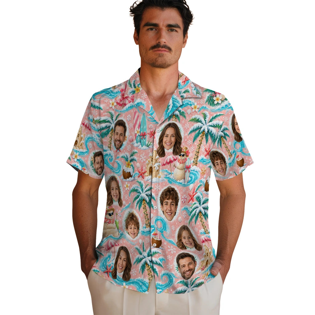 Personalized blush pink custom tropical christmas hawaiian shirt with face portraits, frosted palms and waves in an alternate mockup