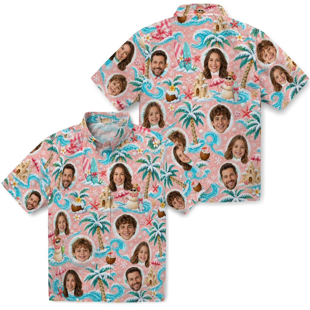 Close-up view of blush pink custom tropical christmas hawaiian shirt with face portraits, frosted palms and waves