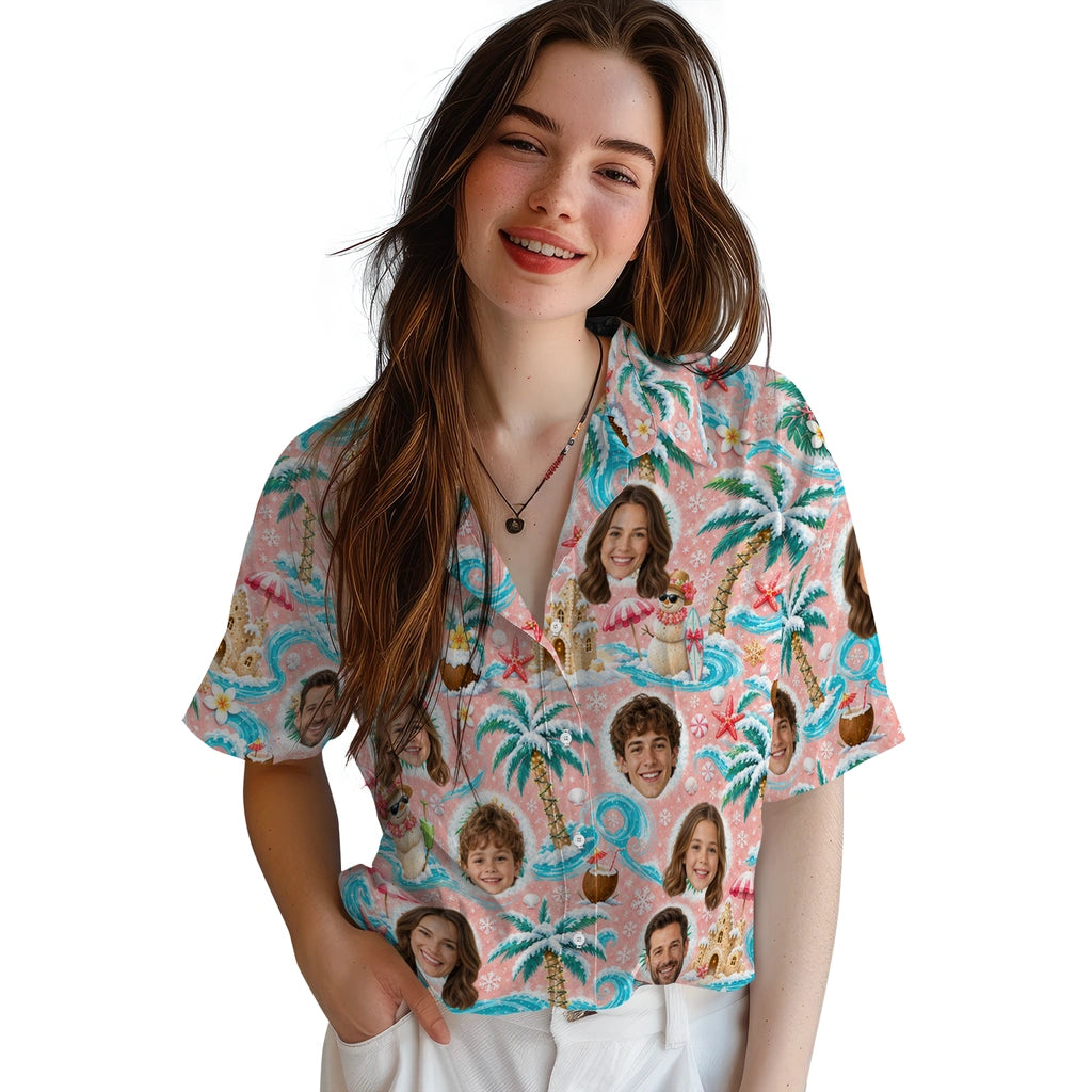 Alternate view of blush pink custom tropical christmas hawaiian shirt with face portraits, frosted palms and waves