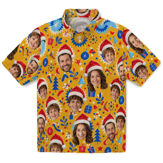 Mustard yellow custom Christmas Hawaiian shirt with Santa-hat face portraits and retro starbursts