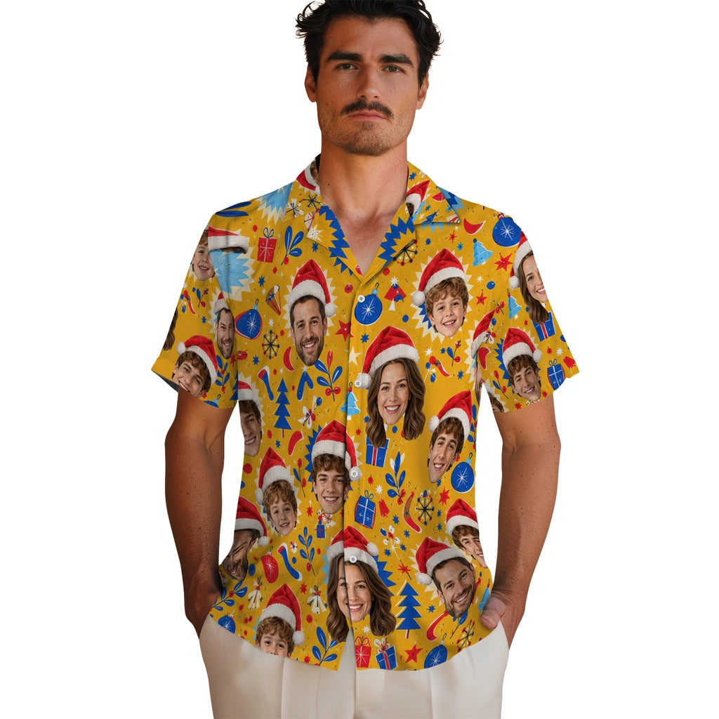 Personalized mustard yellow custom christmas hawaiian shirt with santa-hat face portraits and retro starbursts in an alternate mockup