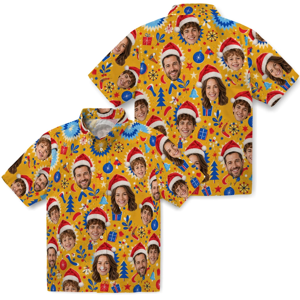 Close-up view of mustard yellow custom christmas hawaiian shirt with santa-hat face portraits and retro starbursts