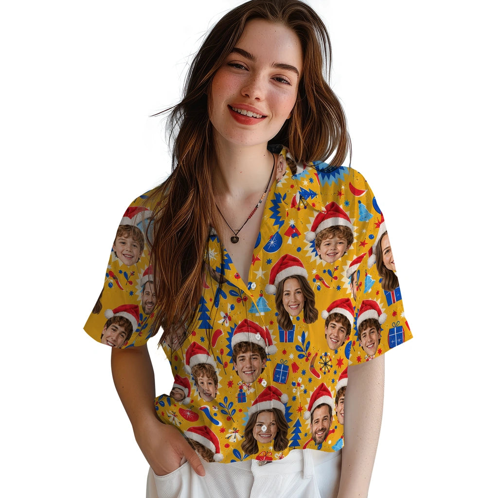 Alternate view of mustard yellow custom christmas hawaiian shirt with santa-hat face portraits and retro starbursts
