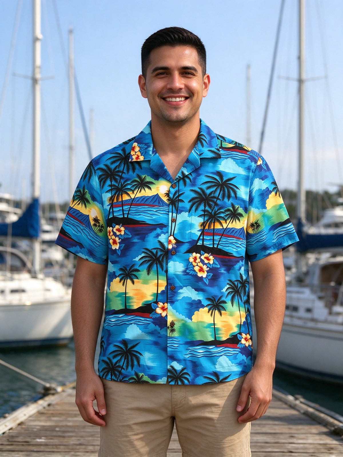 Hawaiian Sunset Blue Hawaiian Shirt - worn by a model