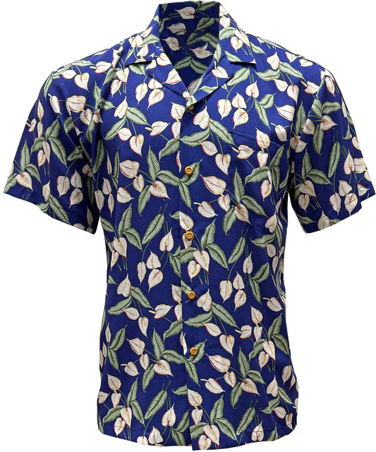 Navy Mini Anthurium Hawaiian Shirt