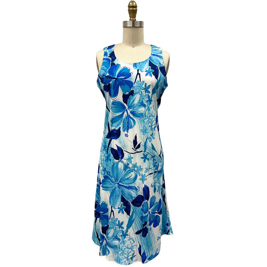 Ladies Watercolor Hibiscus Tank Dress Hawaiian Shirt - Blue