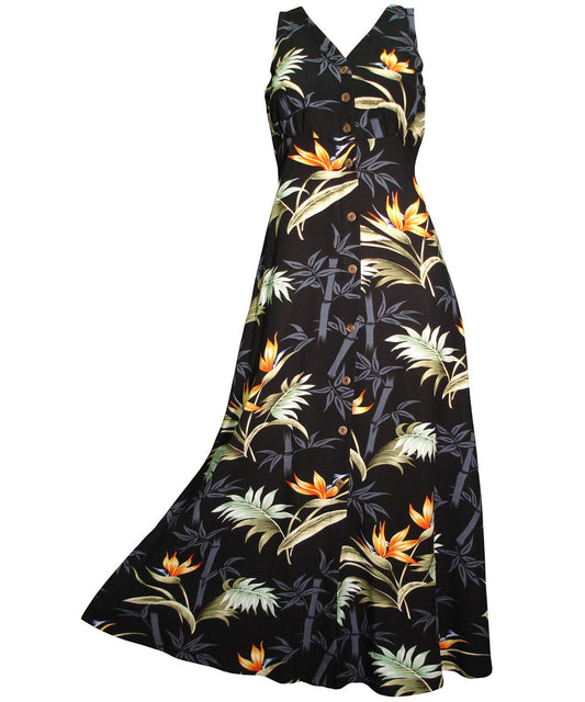 Ladies Bamboo Paradise Black Button Front Long Dress Hawaiian Shirt