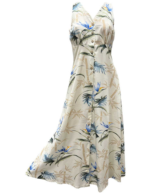 Ladies Bamboo Paradise Cream Button Front Long Dress Hawaiian Shirt