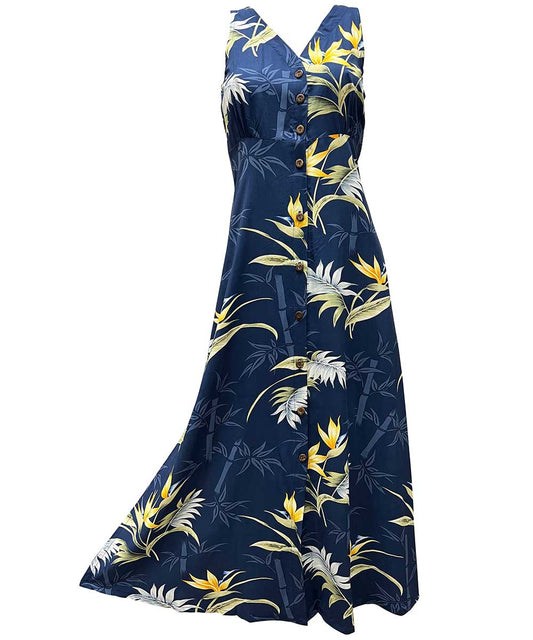 Ladies Bamboo Paradise Navy Button Front Long Dress Hawaiian Shirt