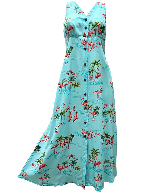 Fine Flamingos Lagoon Button Front Long Dress Hawaiian Shirt