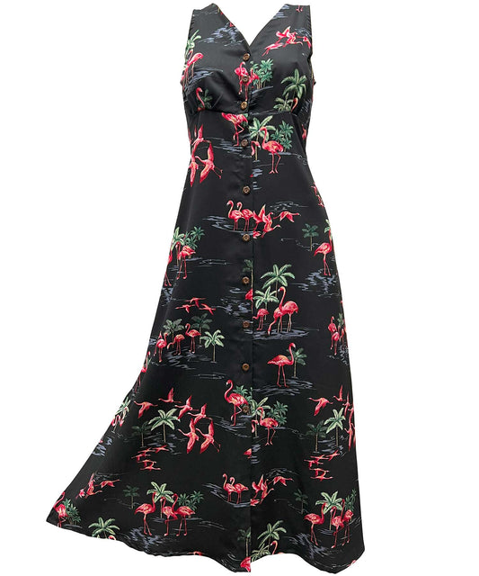 Fine Flamingos Midnight Button Front Long Dress Hawaiian Shirt