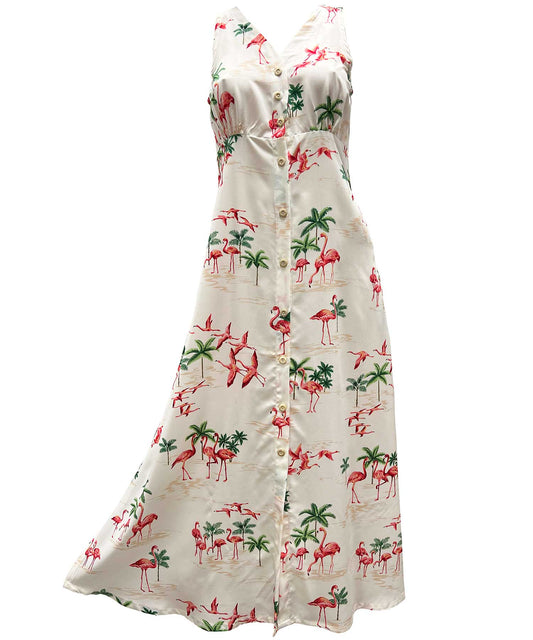 Fine Flamingos Sand Button Front Long Dress Hawaiian Shirt