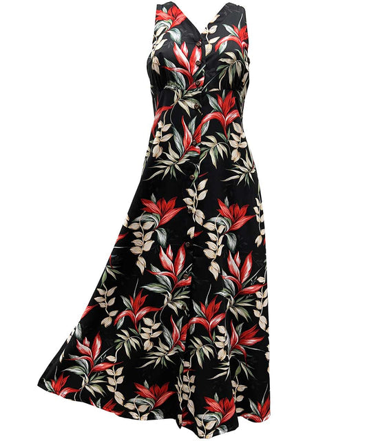 Ladies Heliconia Paradise Black Button Front Long Dress Hawaiian Shirt