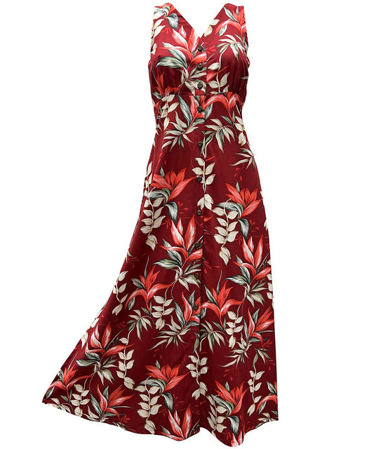 Ladies Heliconia Paradise Red Button Front Long Dress Hawaiian Shirt