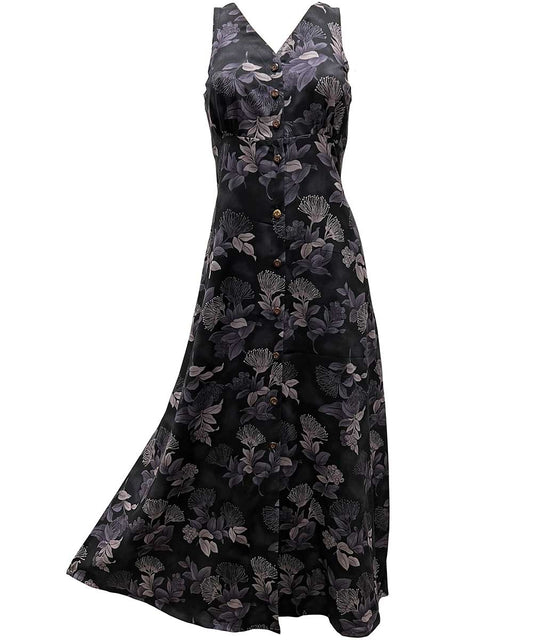 Ladies Ohia Black Button Front Long Dress Hawaiian Shirt