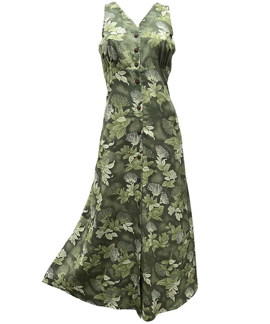 Ladies Ohia Sage Button Front Long Dress Hawaiian Shirt