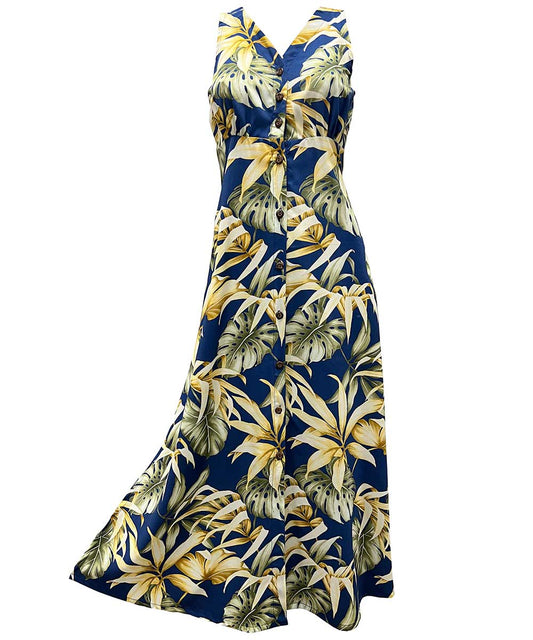 Ladies Rainforest Navy Button Front Long Dress Hawaiian Shirt