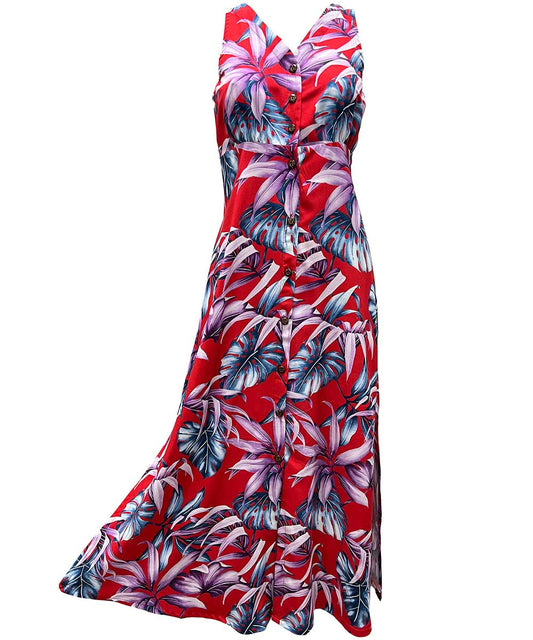 Ladies Rainforest Red Button Front Long Dress Hawaiian Shirt