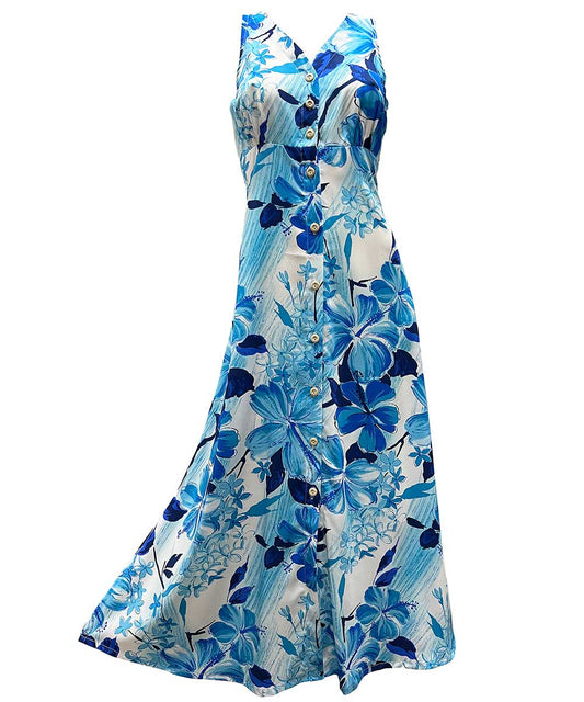 Ladies Watercolor Hibiscus Blue Button Front Long Dress Hawaiian Shirt