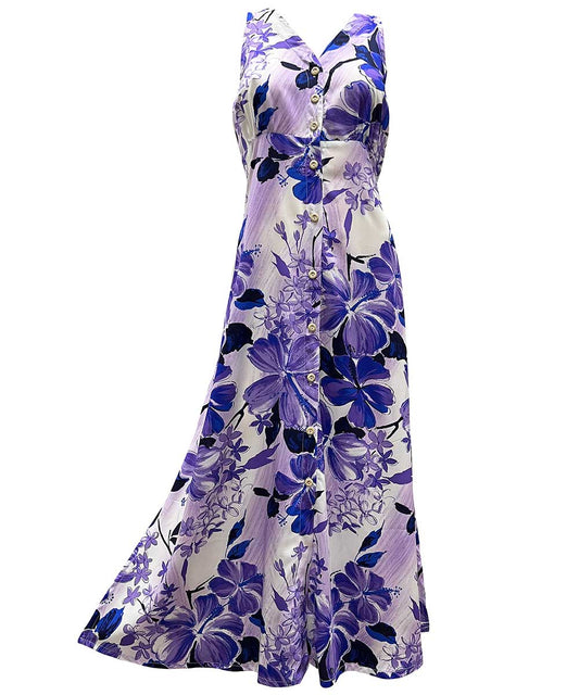 Ladies Watercolor Hibiscus Purple Button Front Long Dress Hawaiian Shirt