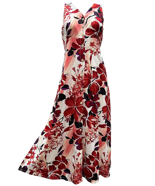 Ladies Watercolor Hibiscus Red Button Front Long Dress Hawaiian Shirt