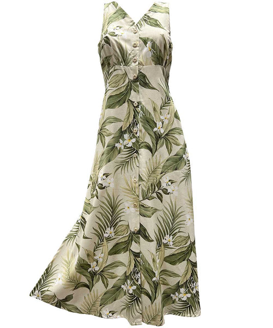 Ladies White Ginger Khaki Button Front Long Dress Hawaiian Shirt
