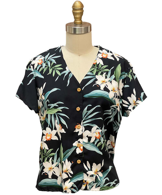 Orchid Ginger Black V-Neck Top Hawaiian Shirt