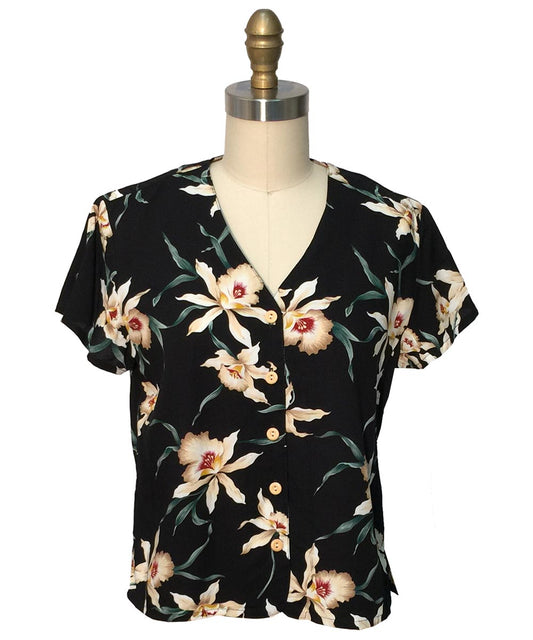 Star Orchid Black V-Neck Top Hawaiian Shirt
