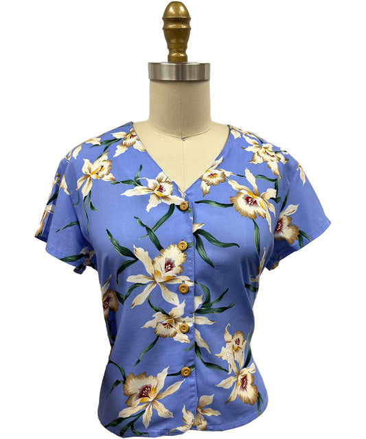 Star Orchid Periwinkle V-Neck Top Hawaiian Shirt