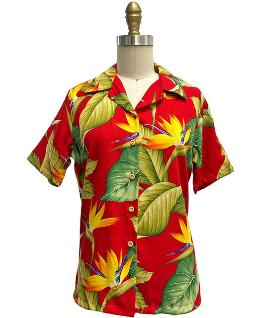 Ladies Airbrush Bird of Paradise Red Camp Hawaiian Shirt