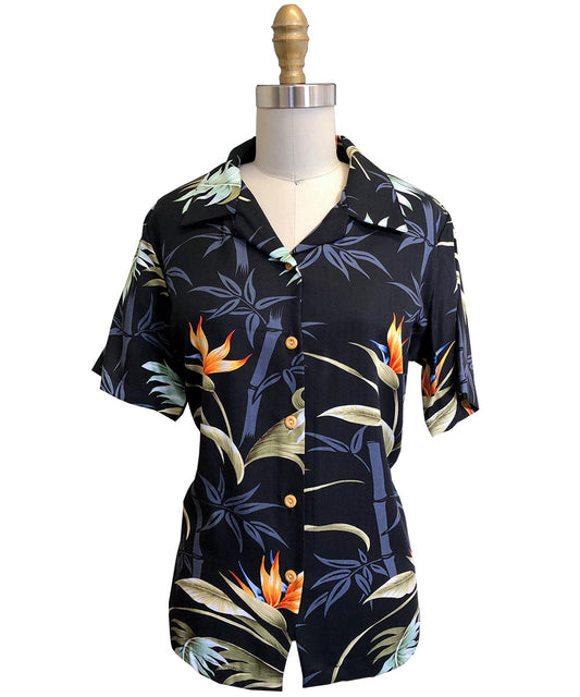Ladies Bamboo Paradise Black Hawaiian Shirt
